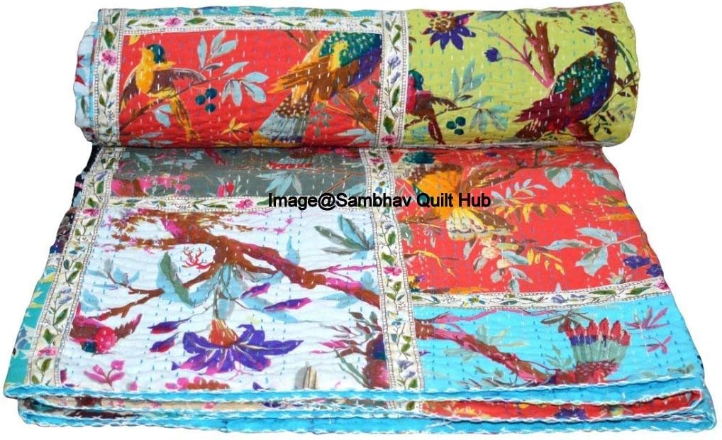 Queen/Twin/King Handmade Patchwork Less Birds Print Throw Reversible Blanket Indian Kantha Quilts Ethnic Stitched Bedcover Bohemian Floral Print Kantha Comforter Quilting Kantha (60X90 inches)