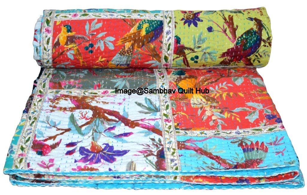 Manta reversible de remiendo con estampado de pájaros, de tamaño queen/Twin/King, hecha a mano, con costuras étnicas, colcha Kantha, colcha de Kantha (250 x 250 cm)