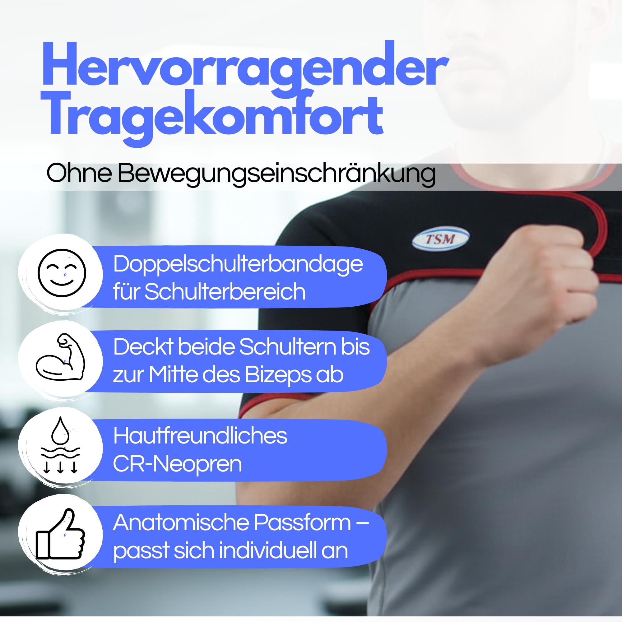 TSM Doppelschulterbandage aktiv | Schulterbandage für Sport & Alltag | Elastische Bandage zur Unterstützung bei Schulterschmerzen, Verspannungen & Überlastung | Prophylaxe & Rehabilitation | Größe XS