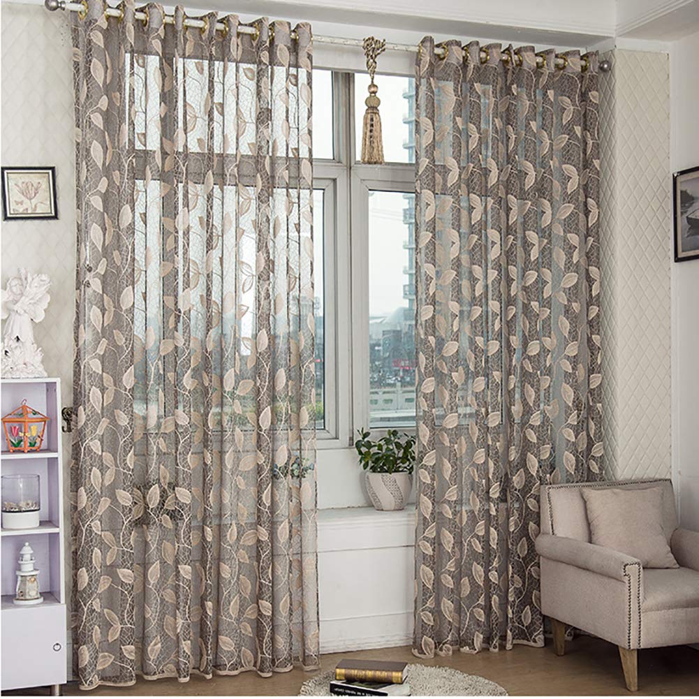 Be&Xn Gray Translucent Lace Curtains Long Leaves Embroidery Voile Sheer Curtains For Bedroom Window Trearment Natural Style Grommet Drapes, 1Panel- W150xh280cm(59X110inch)