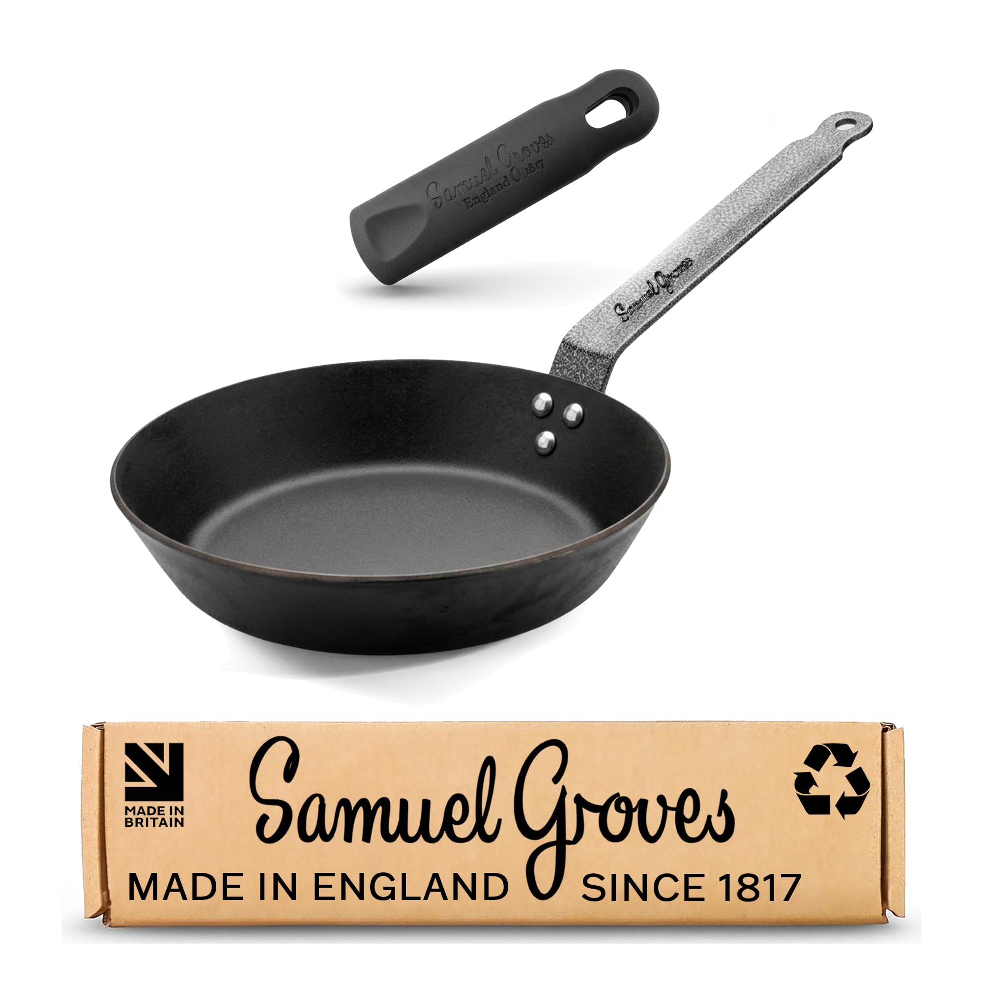 Samuel Groves 20cm Professional Seasoned Carbon Steel Frying Pan + Silicone Grip - 3mm Heavy Duty, Induction Compatible, Oven Safe, Chef Skillet for Restaurant Use - UK Made, Oldest UK Cookware Brand