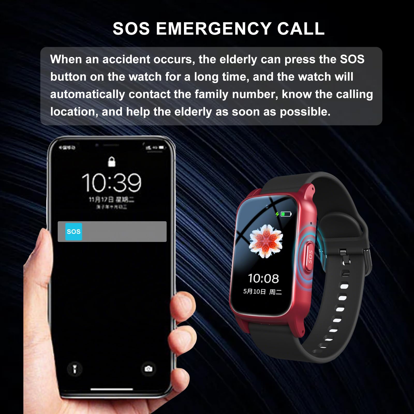 Bracciale Salvavita Anziani, Intelligente Con Rilevamento Delle Cadute Bracciale Sos Anziani Salvavita, GPS E Funzione Di Chiamata Di EmergenzaRed,1.25 * 0.57 * 2.22inch
