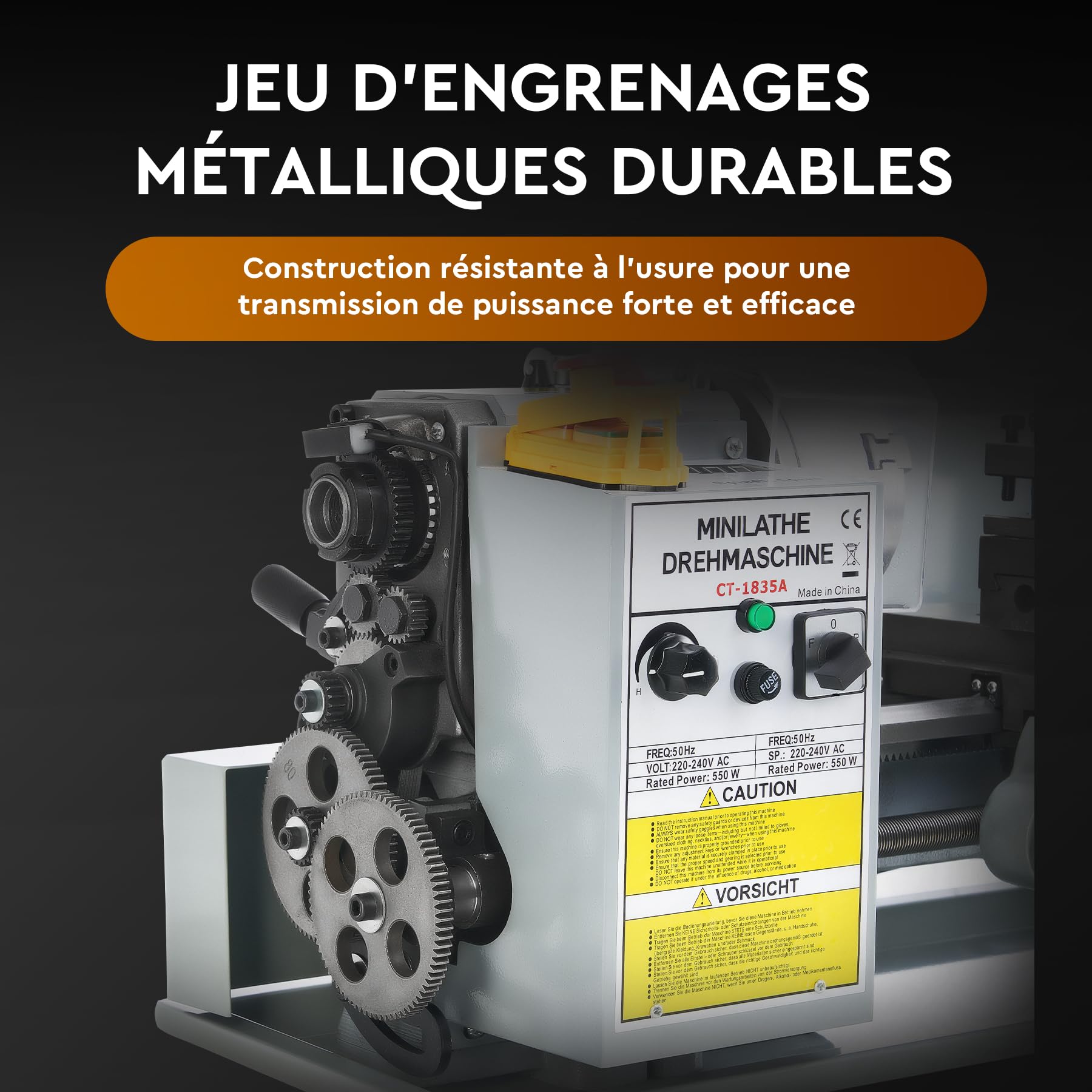 CREWORKS 550W Mini Tour à Métaux d'Établie 180x350mm 7"x14" Haute Précision avec Mandrin à 3 Mâchoires et Vitesse de Broche Max. 2500 tr/min Écran LCD pour Filetage Tournage Perçage