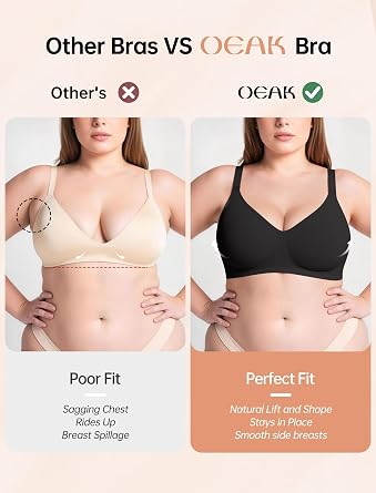 OEAK Women Wireless Jelly Bra Supportive Convertible Tshirt Bras 38C Black | No Underwire,Push Up Bralette,Full Coverage,Racerback,Plus Size,Smoothing Back,Comfortable,Wirefree,Everyday