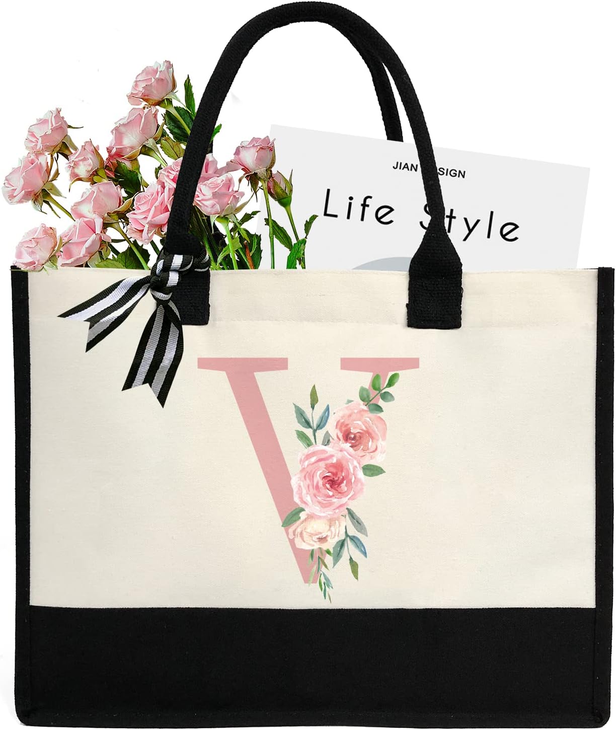 Initial Canvas Tote Bag for Women, Beach Bag with Inner Zipper Pocket Personalized Gifts for Wedding, Birthday | Initial, Personalized Gifts, for Wedding, Birthday