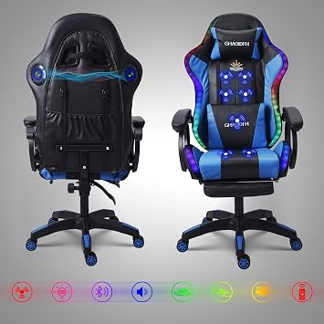 Massage Gaming Chair with Speakers and LED Light, Ergonomic Computer Gaming Chair with Footrest and Adjustable Lumbar Support, PU Leather, 90-135, Racing Video Gaming Chair.,Black