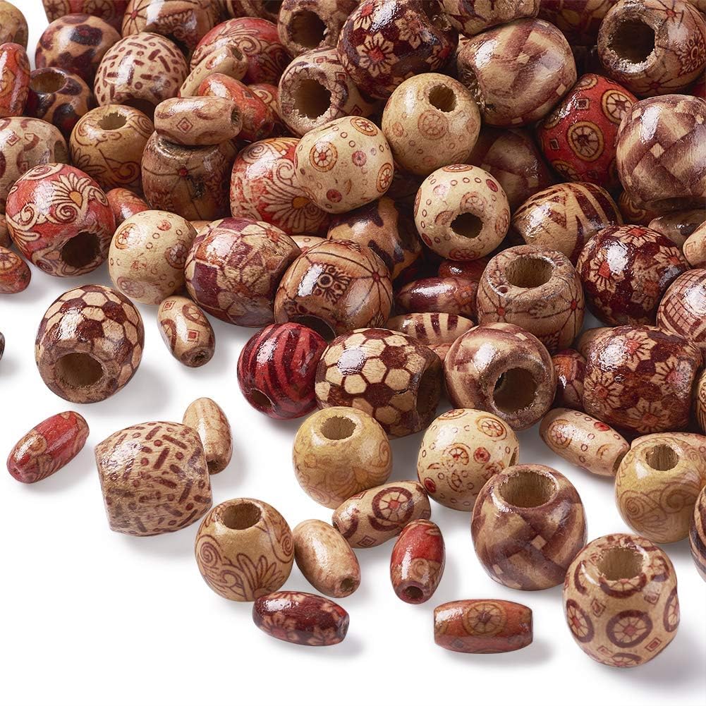 KISSITTY 300pcs Natural Printed Wooden Beads Round Barrel & Oval Shapes Dreadlock Beads for Jewelry Making DIY Bracelet Necklace Hair Crafts image 2