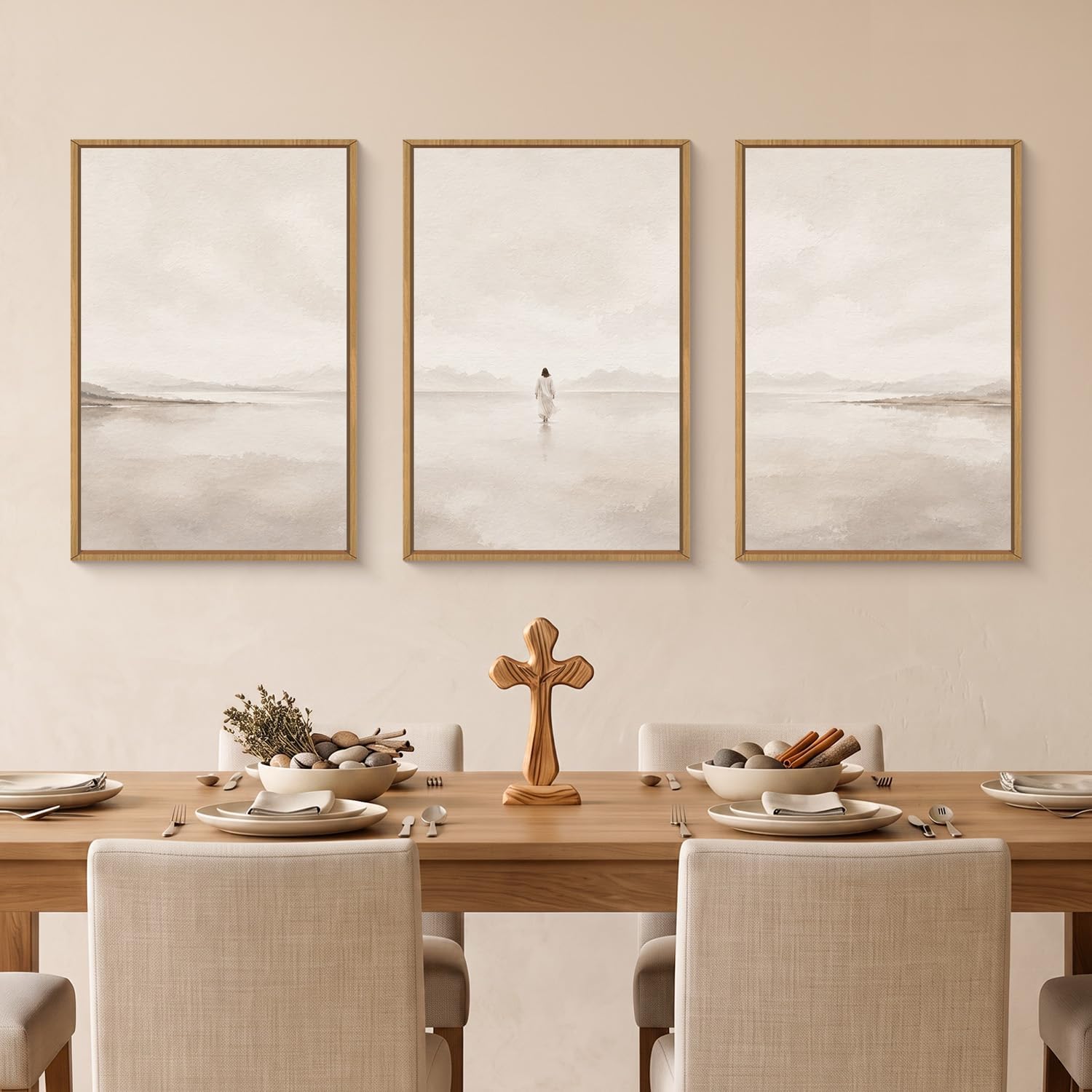 Large Abstract Jesus Christian Framed Canvas Wall Art,Neutral Beige Lake Wall Decor,Walking On Water Watercolor Art Prints,Religious Artwork for Living Room,Prayer Room,Church-16 x24 x3 image 3