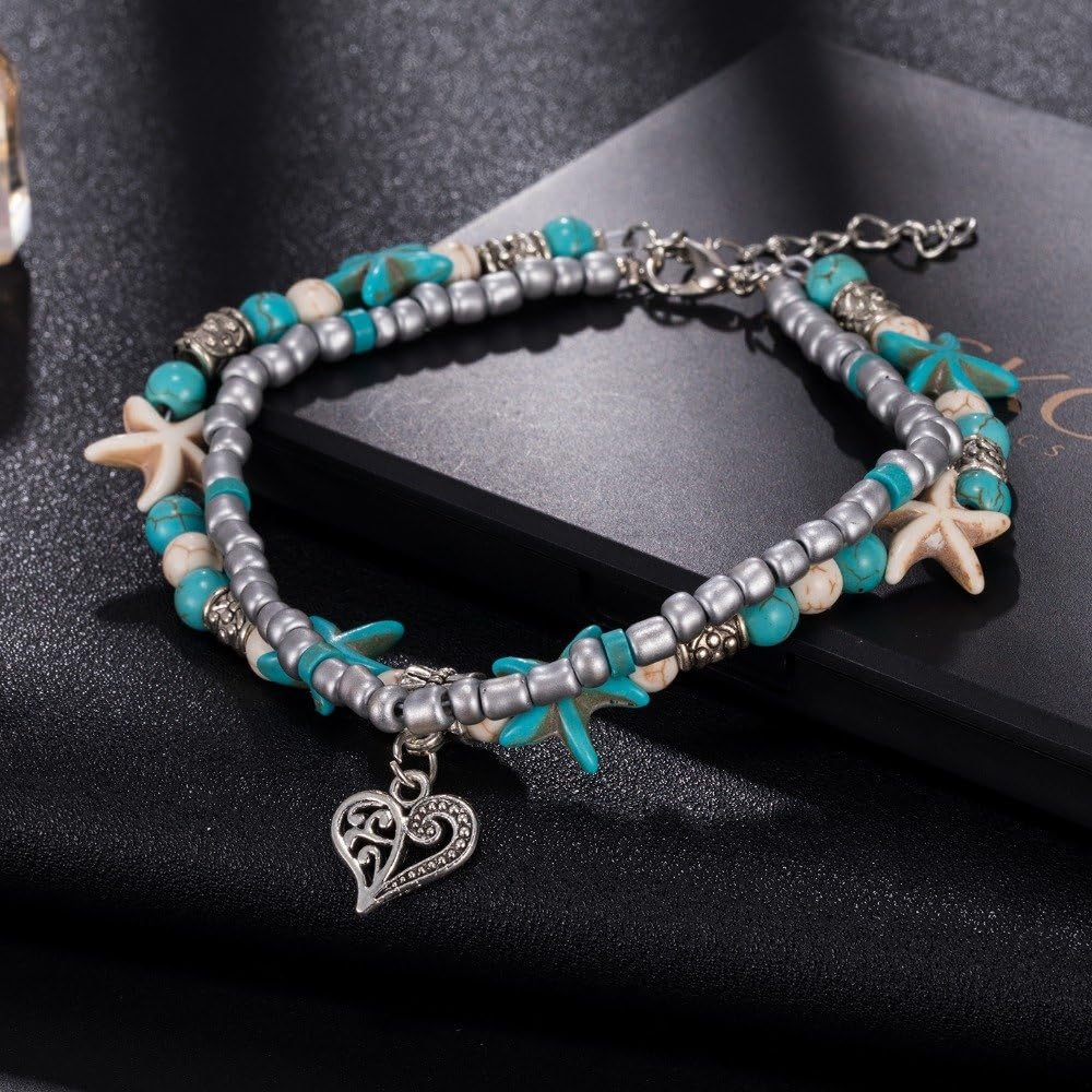 Blue Starfish Turtle Anklet for Women Multilayer Charm Beads Sea Handmade Boho Anklet Foot Jewelry - Image 3