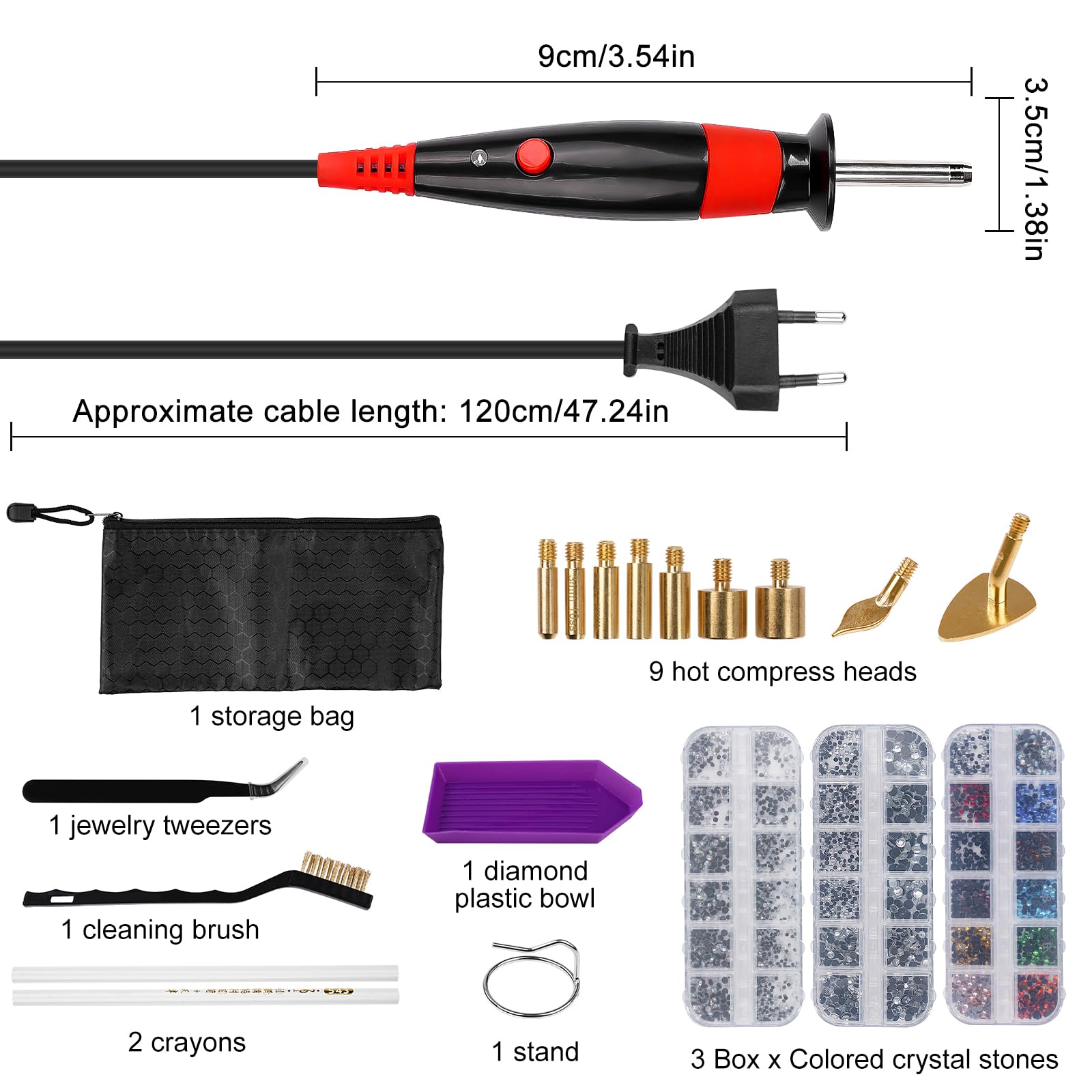 Set di fissaggio a caldo,Kit per Strass con Adesivo Termico,Cristalli Autoadesivi per Tessuti– 3 scatole di strass, 9 inserti e supporto in metallo per tessuto/pelle