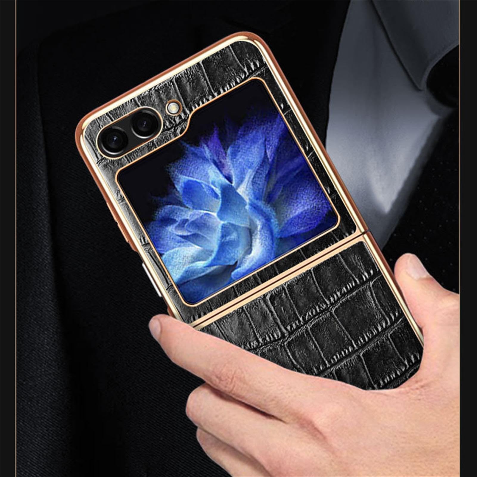 Custodia per Samsung Galaxy Z Flip 5, Classico Modello Coccodrillo Sottile Vera Pelle Galvanizzata Cover Posteriore Rigida per PC con Protezione Fotocamera Custodia per Telefono in Vera Pelle