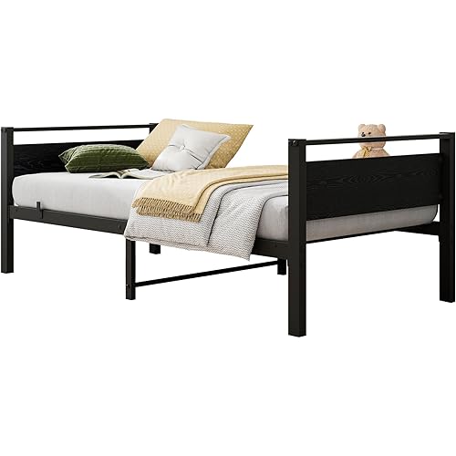 Metal Daybed Frame Twin Size Sofa Bed Frames with Vintage Wood Headboard, Heavy Duty Metal Platform Bed Frames with Steel Slats Platform Furniture, No Box Spring Needed, Twin (Black)