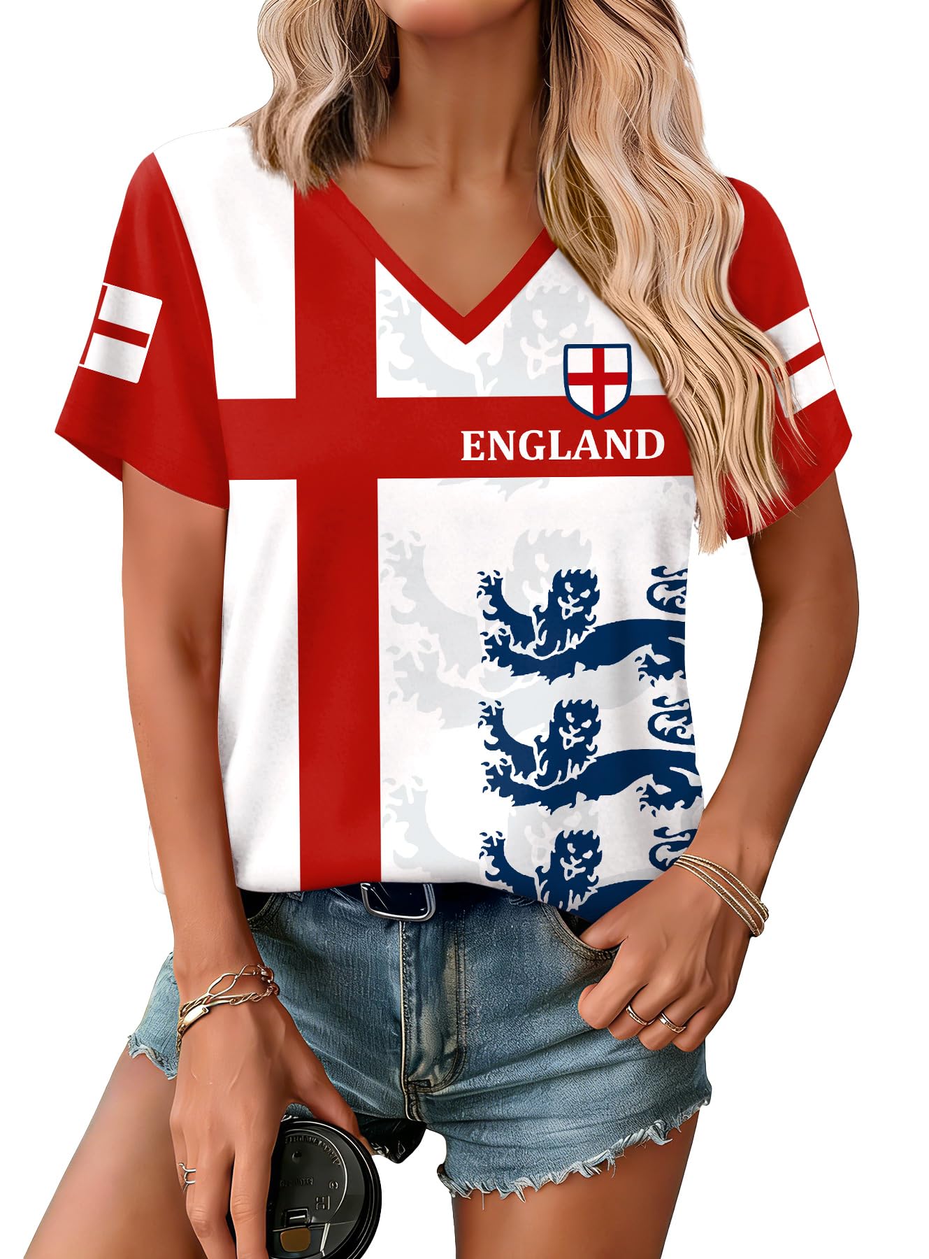 For G and PL Women's 2026 Football Match Day Cup Short Sleeve Graphic Top T-Shirt England English British UK Red White Blue A2 M