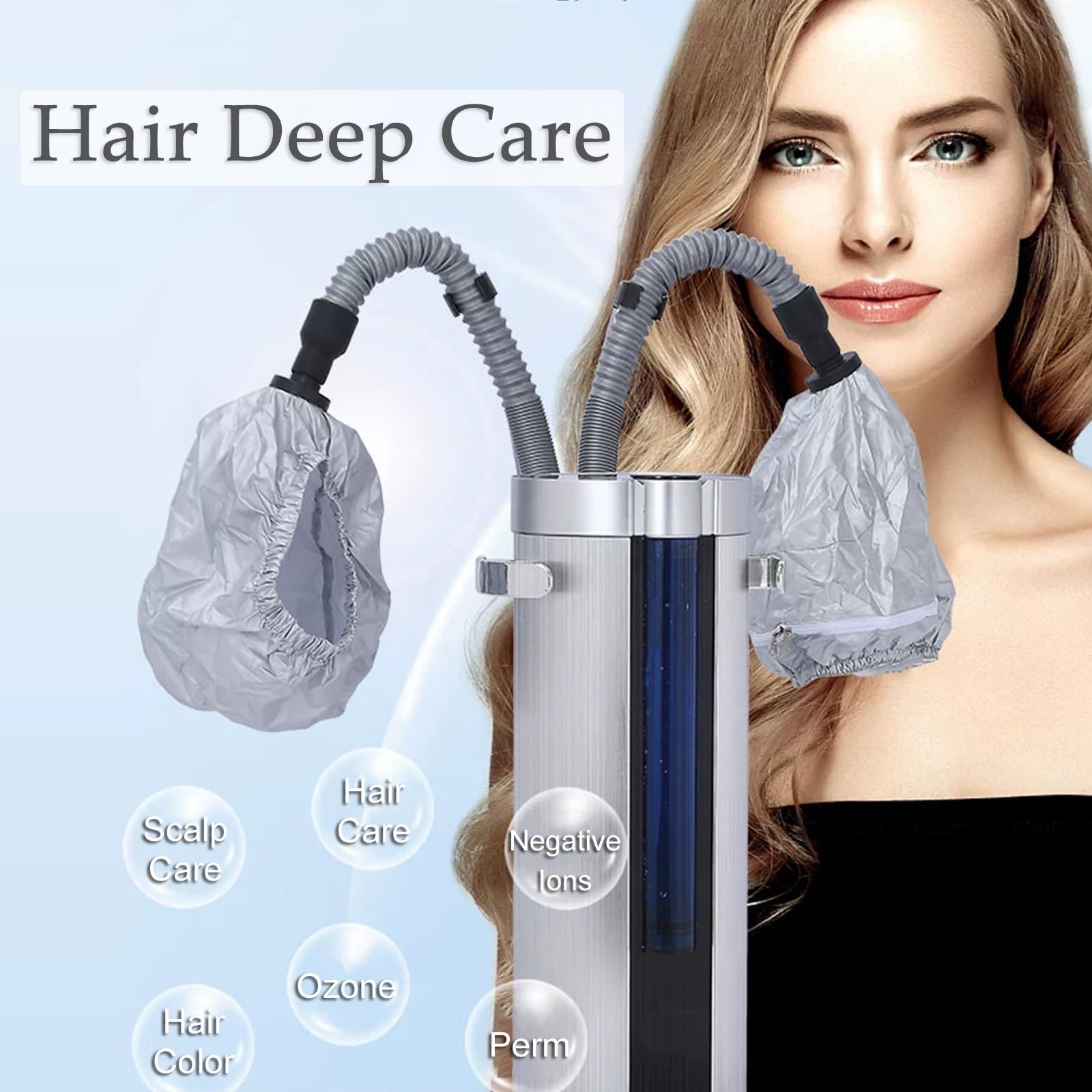 Jcgly Vaporizador de Cabello con 2 Tapas, Procesador de Cabello Profesional de Pie, Vaporizador 2 en 1 para Cabello y Rostro, para Salón, SPA, Barbería, Aleación De Aluminio Plateado