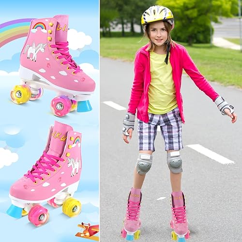 Miniatura 8 de LIKU Patines cuádruples para niñas y mujeres con luz de todas las ruedas, para interiores y exteriores, con cordones, divertido patinaje iluminador