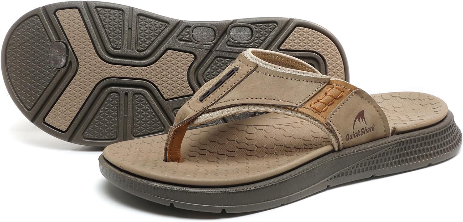 Quickshark Mens Flip Flops Leather Thong Sandals Arch Support Beach Slippers - Image 8