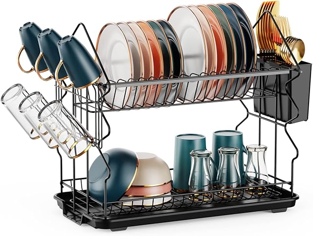 iSPECLE Dish Drainer Rack, Small Dish Drainers for Kitchen Counter Rust-resistant 2 Tier Dish Rack with Glass Holder Utensil Holder and Drainboard Set, Black