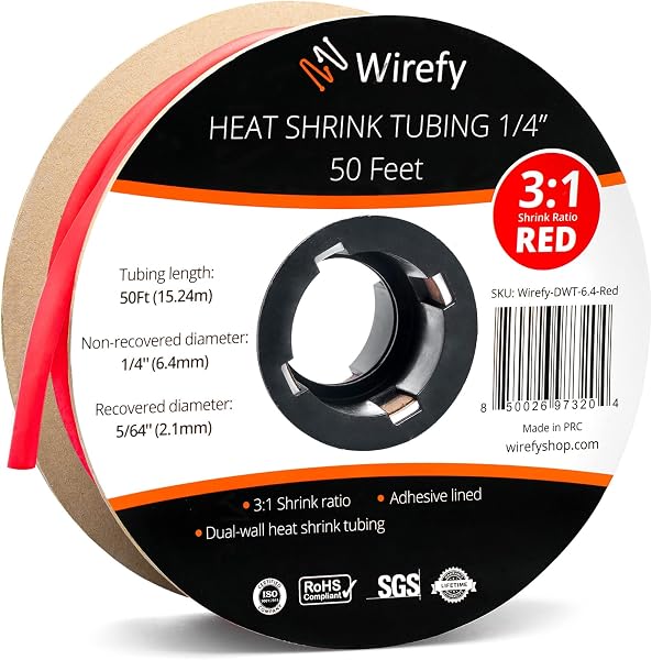 Wirefy Guaina Termorestringente 6,4 mm - Tubo Isolante 3:1 - Interno Adesivo - Rosso - Rotolo 15 m - 1