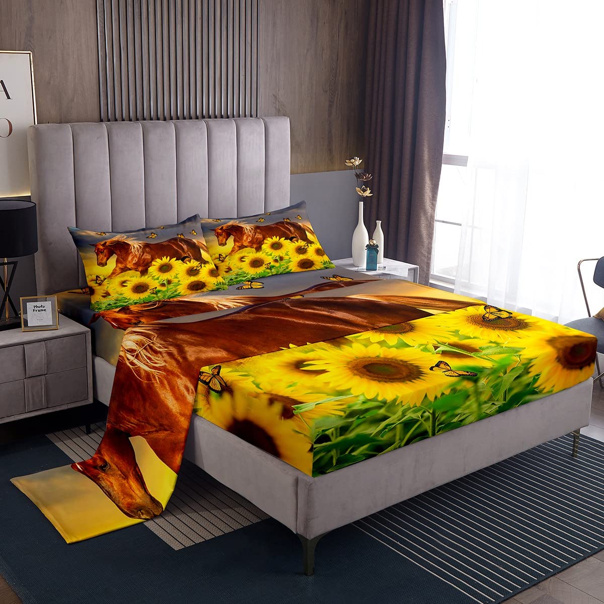 Juego de Ropa de Cama de Caballo Patrón de Caballo galopante Sábana de Cama Sábana de Mariposa Floral para niños Niños Niños Niñas Juego de sábanas de Microfibra Natural Tamaño Individual