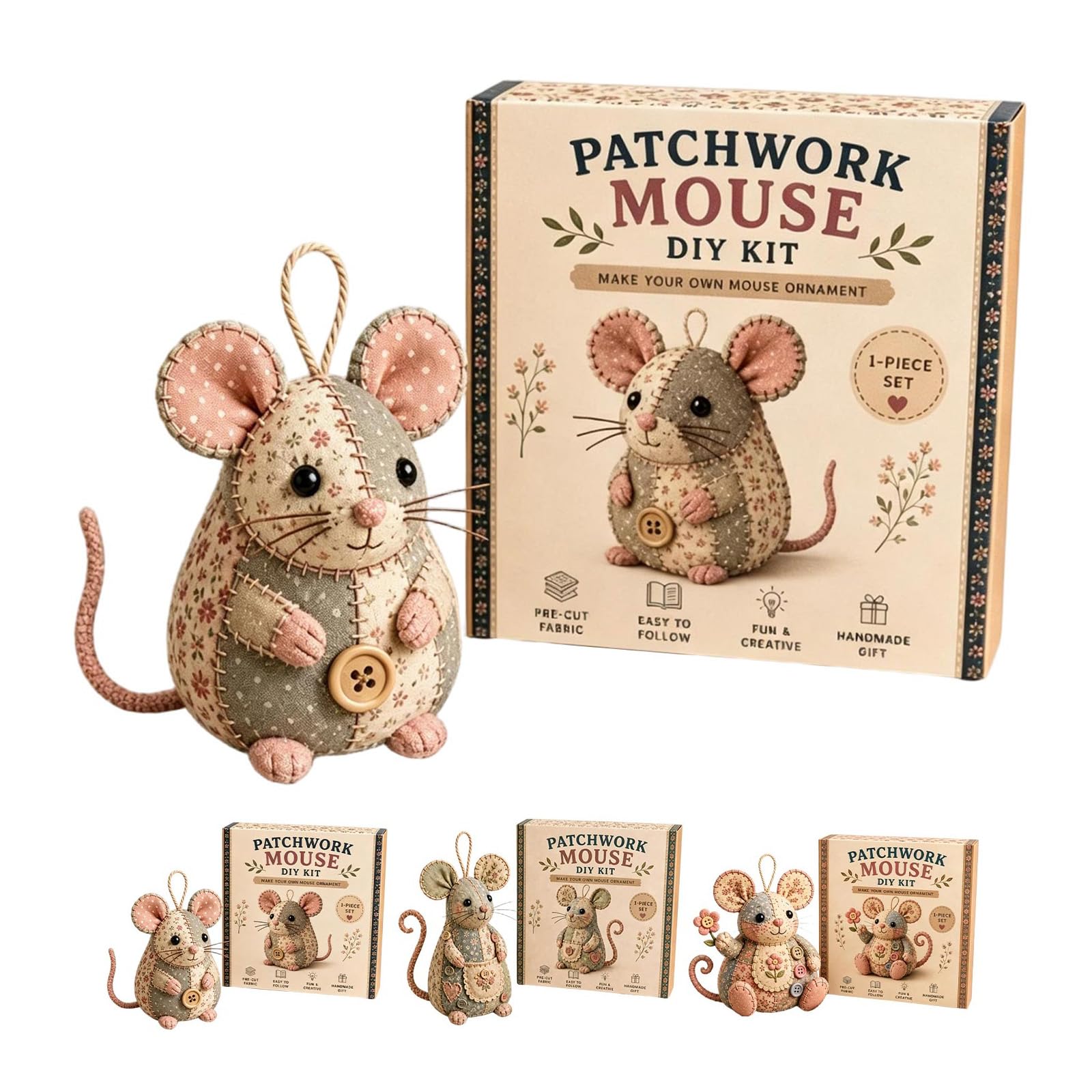 Patchwork Mouse DIY Kit Gifts, Handmade Sewing Craft Set with Floral Fabric, Stuffing, Buttons, 3D Felt Animal, for Adults and Beginners (Multicolor-A)