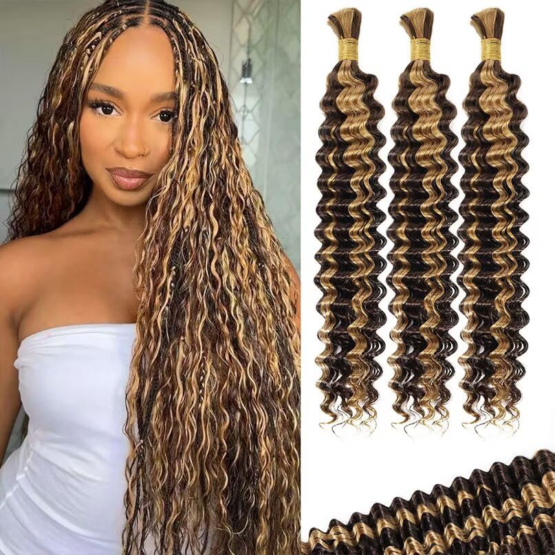12A P4/27 Ombre Brown Blonde Human Braiding Hair for Boho Braids 3 Bundles 16 Inch 100g Deep Wave Braiding Hair for Bohemian Knotless Braids 100% Unprocessed Virgin Bulk Hair Extensions No Weft