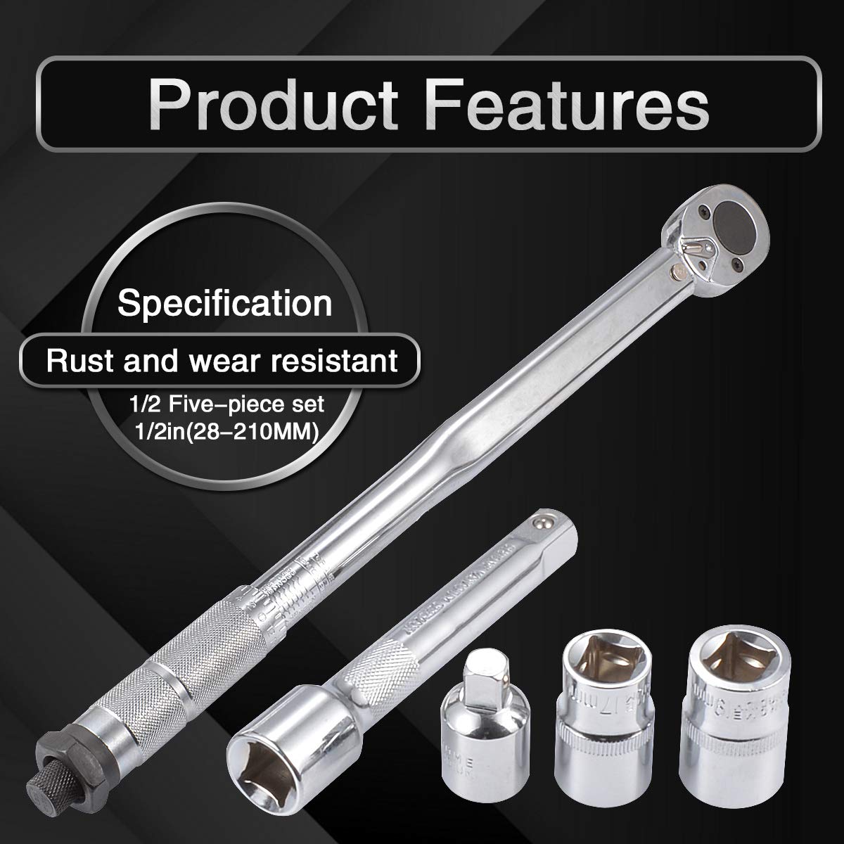 KATUR 5Pcs Drive Click Llave dinamométrica, 1/2 pulgada de diámetro de la cabeza 28-210mm Longitud Drive Juego de llaves dinamométricas ajustables