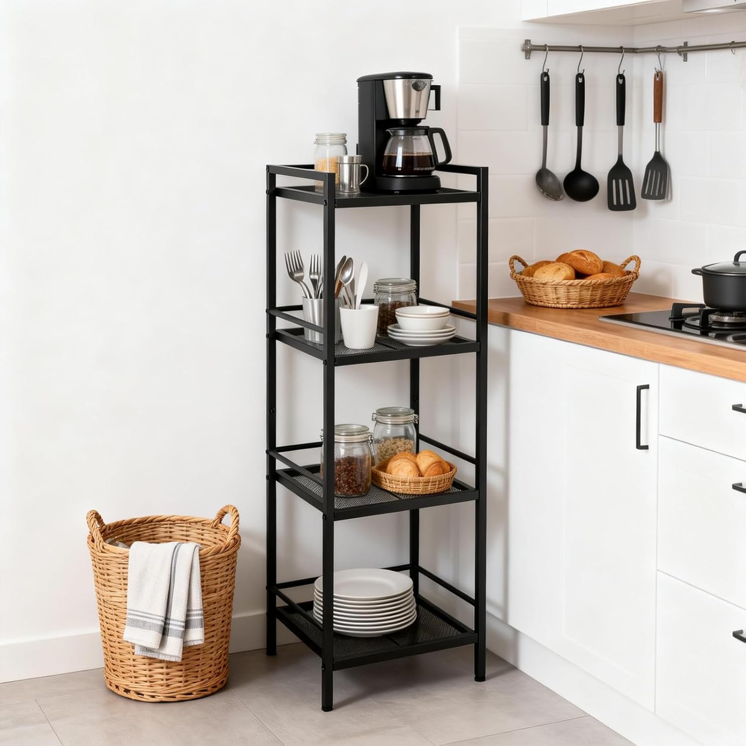Garvee 4 Tier Bathroom Shelves, Ladder Shelf for Storage, Space-Saving Shelf Freestanding Rustic Home Organizer, Multifunctional Shelving Unit for Living Room Bedroom Kitchen Office Black