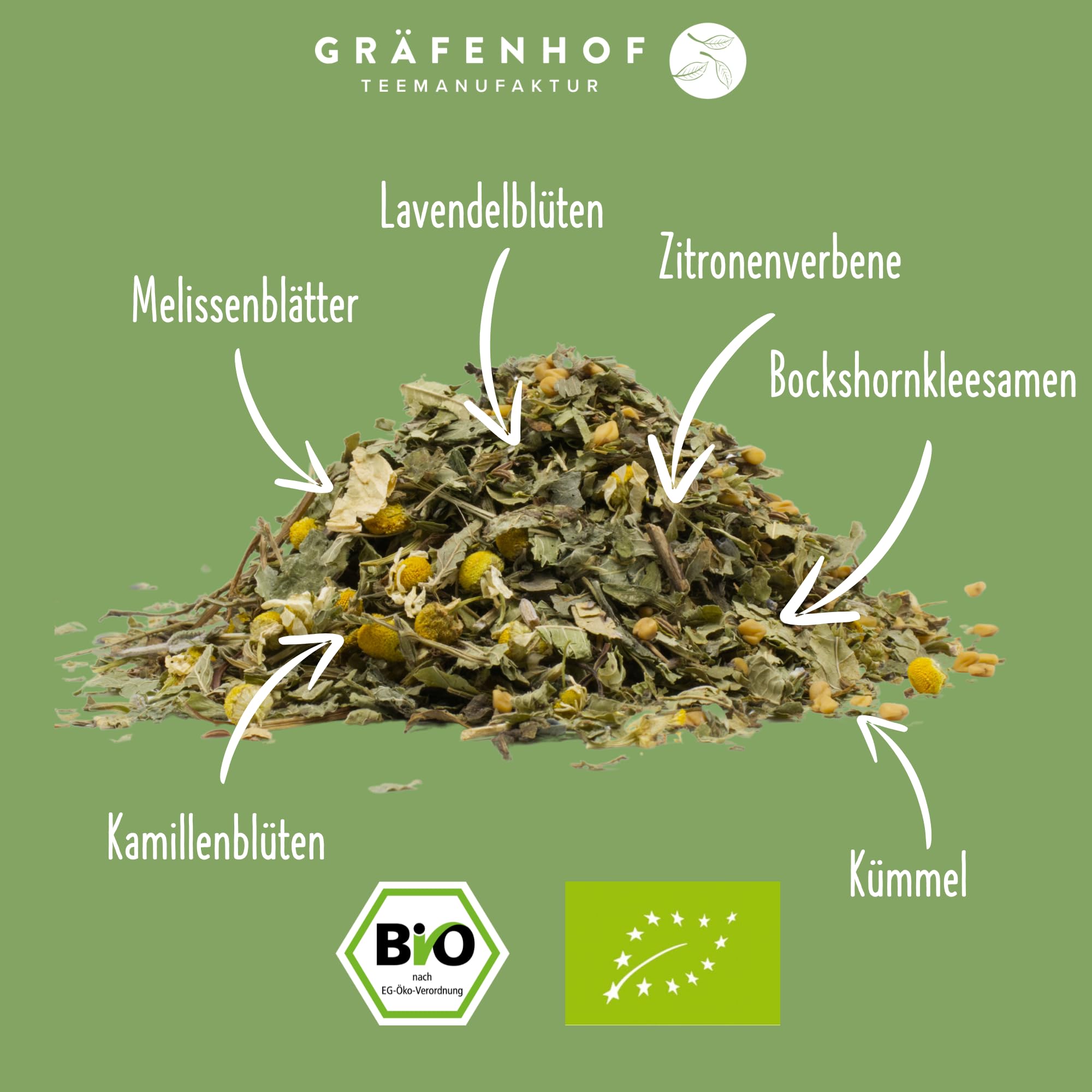 Gräfenhof Stilltee Bio ohne Fenchel, 1000g loser Kräutertee mit Bockshornklee, Zitronenverbene, Melisse & Kümmel, koffeinfrei, mild im Geschmack, Premium Qualität, in DE abgefüllt
