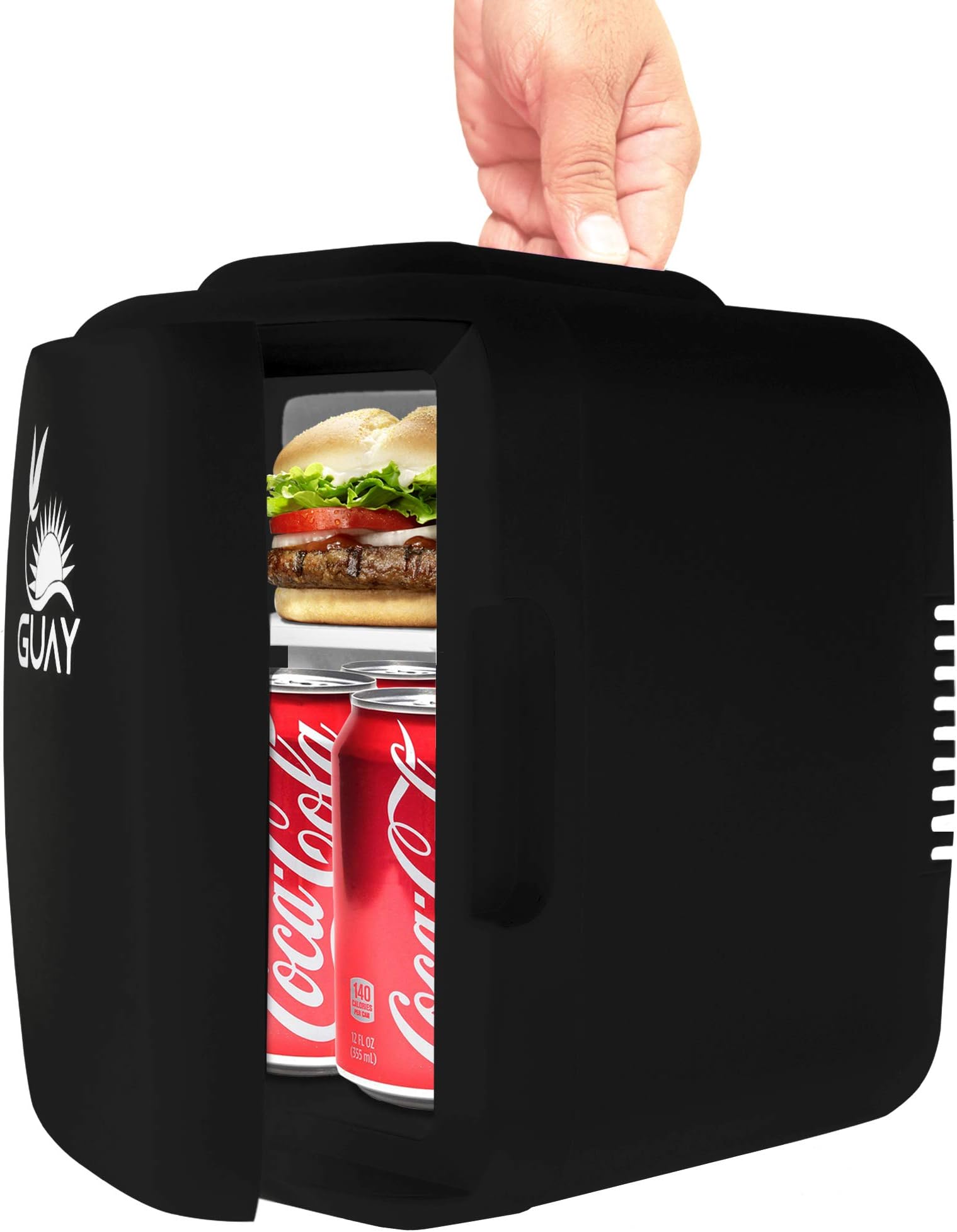 Guay Outdoors Portable Thermoelectric Mini Fridge Cooler and Warmer – Compact 4 Liter / 6 Cans - AC/DC Food Drink Milk Skincare for Car Travel Dorm Camping Home Office Desk and Bedroom - Black