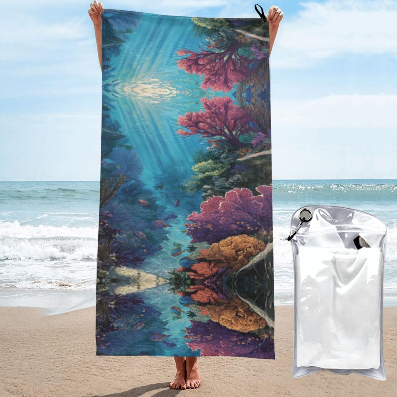 ESNAIUVCD Reef Scenery Print Beach Towel, Microfibre Sauna Towel, Quick-Drying Fitness Towel, Lightweight And Thin Portable Sauna Towel