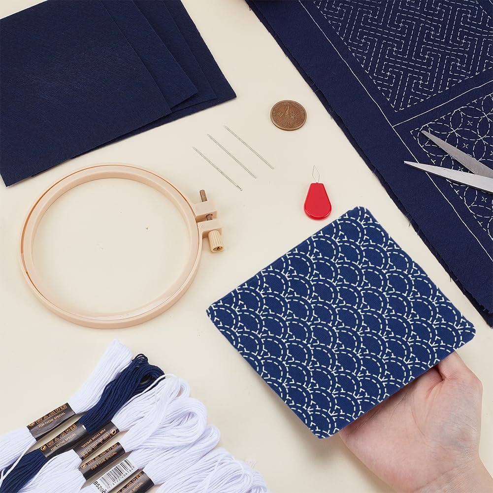 FREEBLOSS 4 Set Sashiko Coasters DIY Kit with Instructions Pre- Printed Sashiko Kit for Beginners Sashiko Practice Project Embroidery Kit Sashiko Printed Cloth Coaster