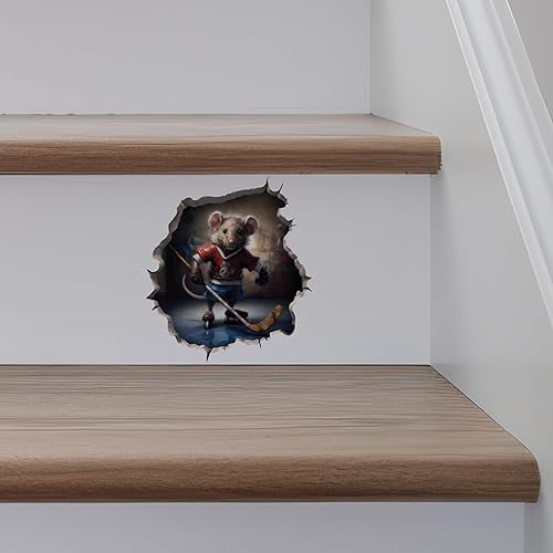 Miniatura 5 de My Wonderful Walls Adhesivo de pared 3D de ratón de hockey con agujero de ratón, vinilo rojo para paredes, ventanas, superficies ligeramente