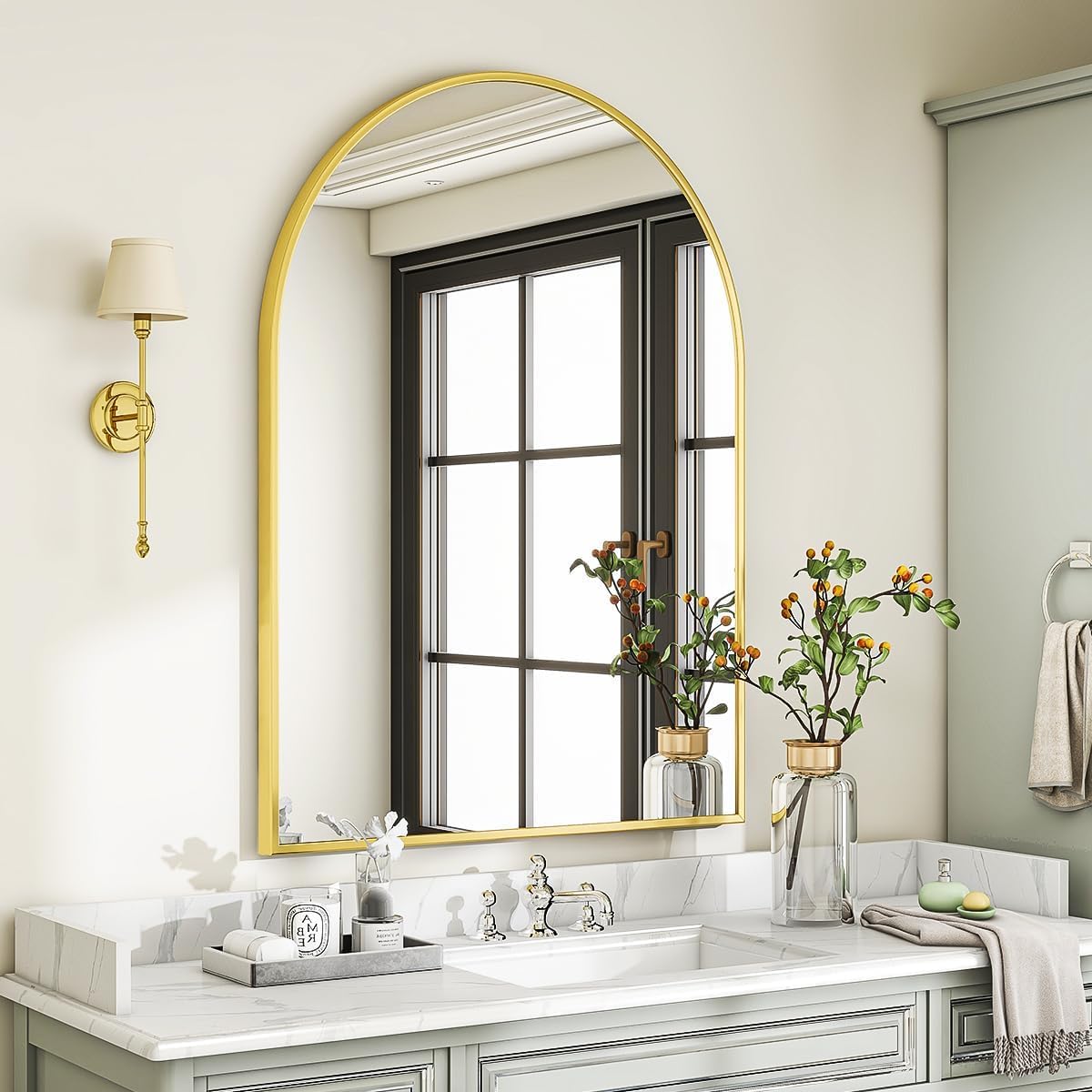 VooBang Arched Wall Mirror, 30 x 38 inch Arch Bathroom Mirror, Wall Mounted Vanity Mirror with Arch Metal Frame, Modern Bathroom Vanity Mirror for Bedroom, Living Room, Hanging or Leaning, Gold