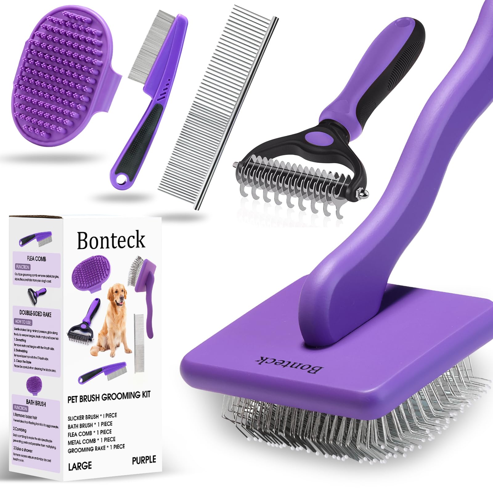 Bonteck Kit de aseo para perros, 4 piezas, cepillo para perros, cepillo largo para desenredar, cepillo de baño para perros, peine para pulgas, peine para perros, cepillo para pulgas, cepillo para