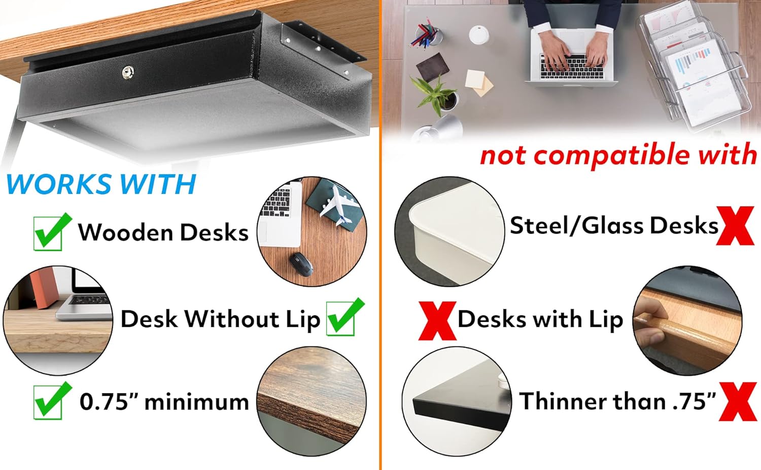 POCHAR 17.75" Steel Under Desk Drawer with Lock & Keys - Attachable Desk Drawer with Slide Out Attachment for Wooden Desks & Workstations - Locking Under Table Undermount Drawers for Home Office