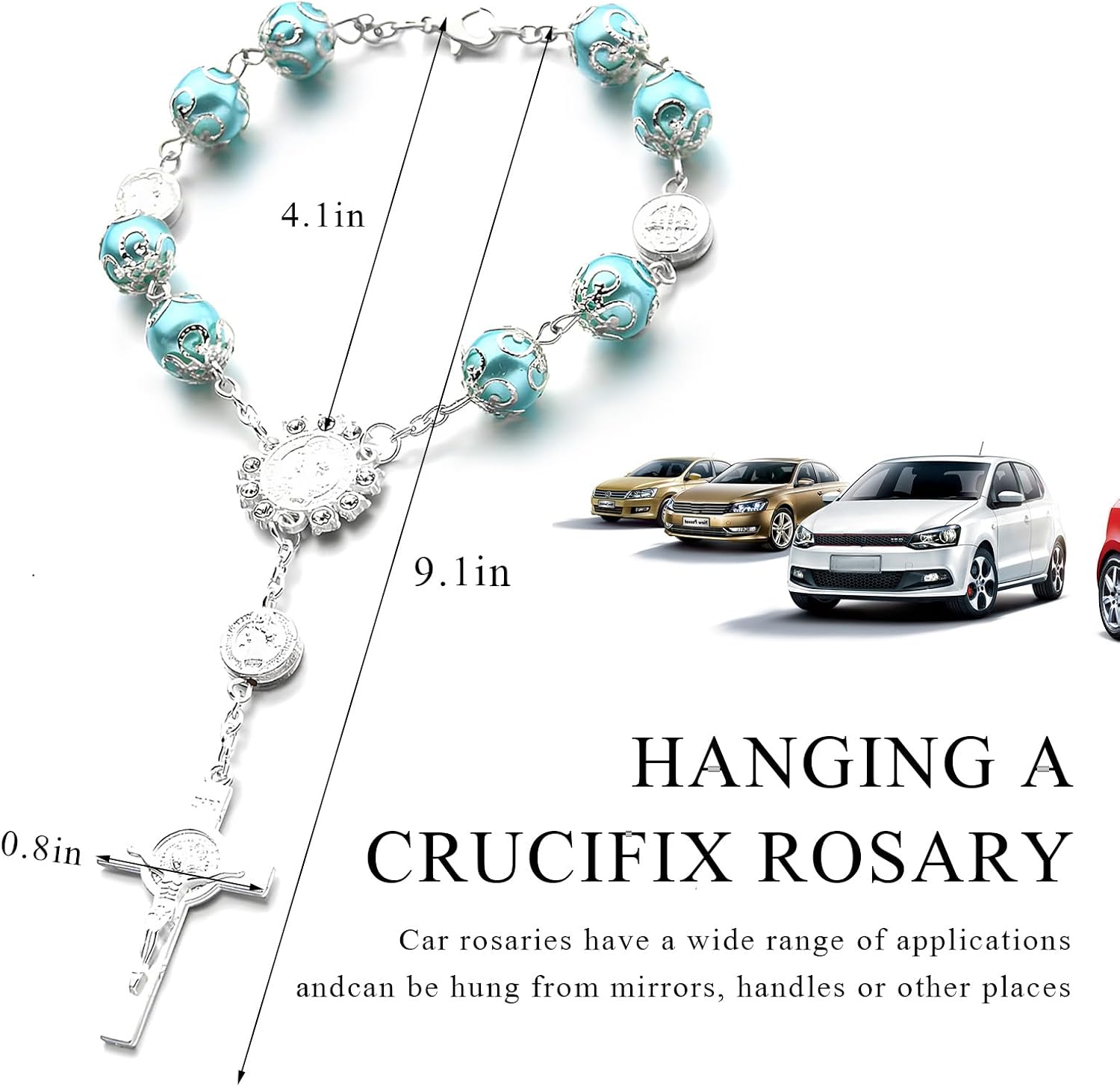 Car Rosary for Rearview Mirror, Personalized Blessing Hanging Pendant for Car Rear View Mirror, Cross Rosary Ornament Interior Decor for Most Vehicles, Car Accessories (Blue) image 2