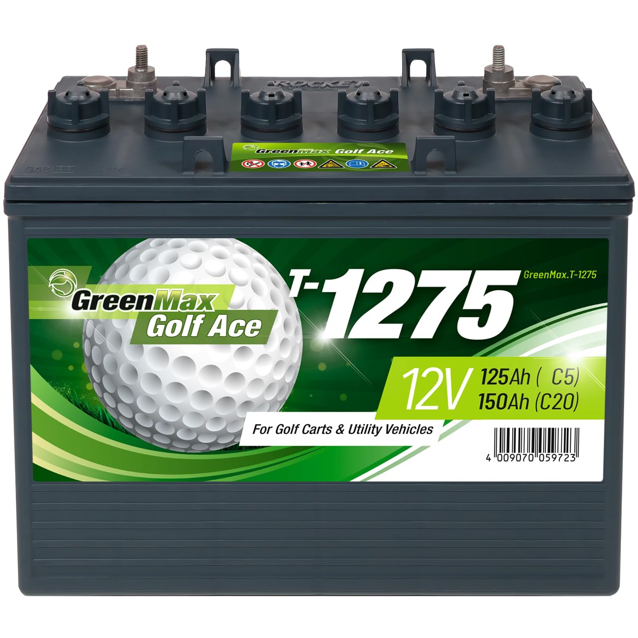 GreenMax Golf Ace T-1275 (12V 150Ah) - Hochleistungs-Blei-Säure-Batterie für Golfcarts und Elektrofahrzeuge - Zuverlässig, Langlebig, Effizient, 99% Recycelbar