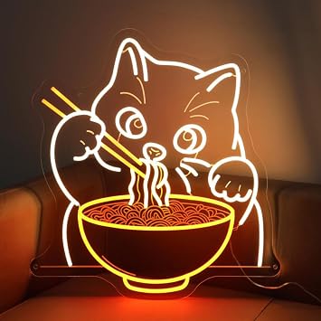 Noodle Cat Neon Sign Ramen Cat Neon Signs for Wall Decor, Japanese Ramen Shop LED Sign Cute Cat Neon Light Sign Kawaii Anime Decor 15 13.86