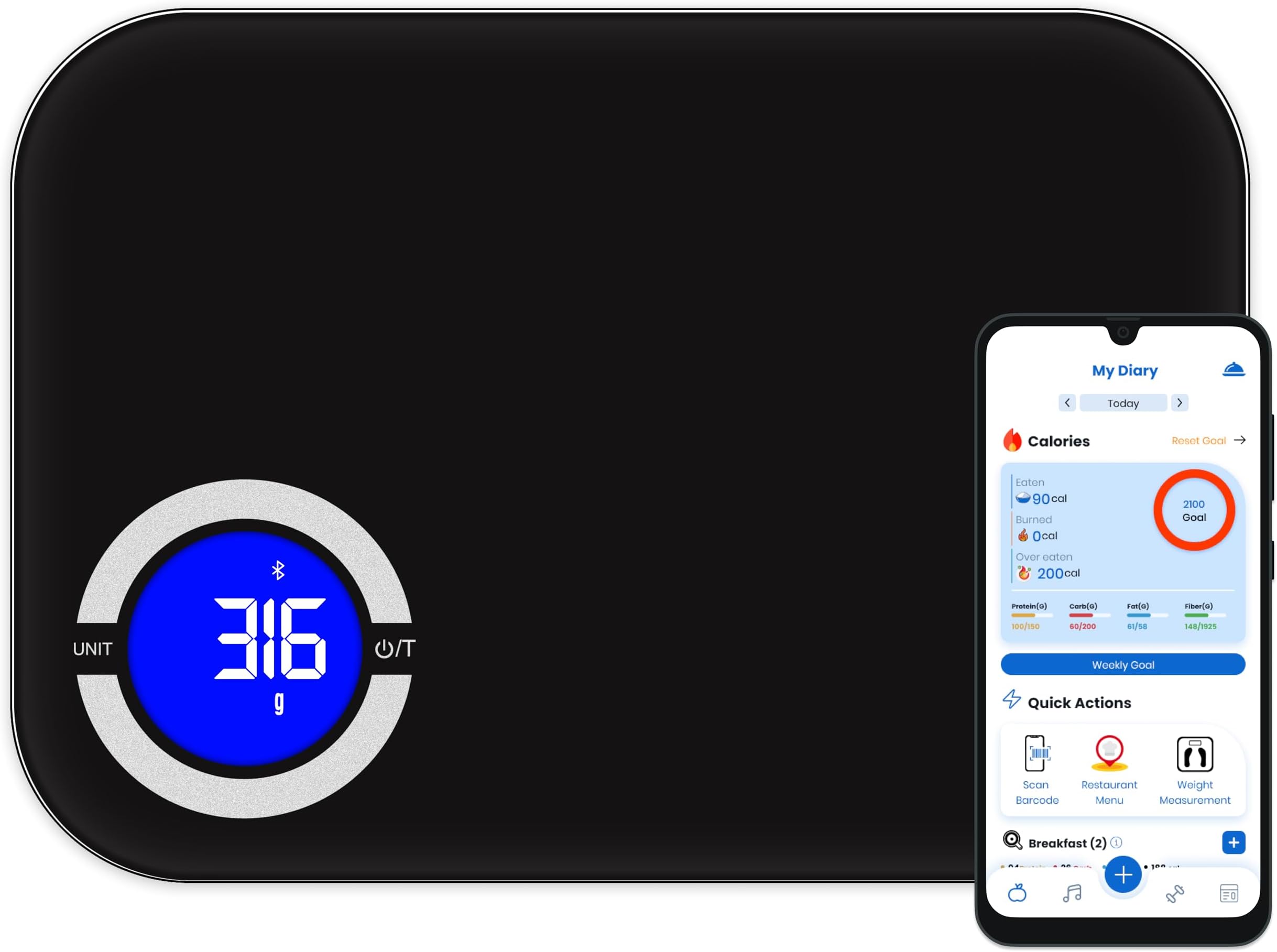 Smart Kitchen Scale- Digital Weight Grams and Oz Food Scale with Nutritional Calculator for Weight Loss, Accurately Track Calories & Macros with Bluetooth Fitness App (Black).