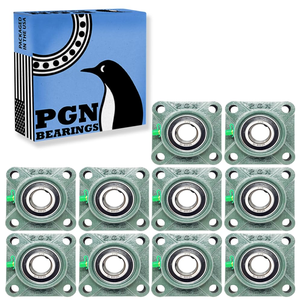 PGN UCF205-16 Pillow Block Bearing - Pack of 10 Square Flange Mounted Pillow Block Bearings - Chrome Steel Bearings with 1" Bore, Self Alignment