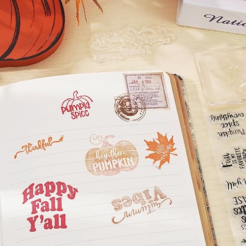 Miniatura 5 de Whaline 4 hojas de otoño con palabras de Acción de Gracias, sellos transparentes de felicitación, palabras de calabaza, hojas de arce, sellos