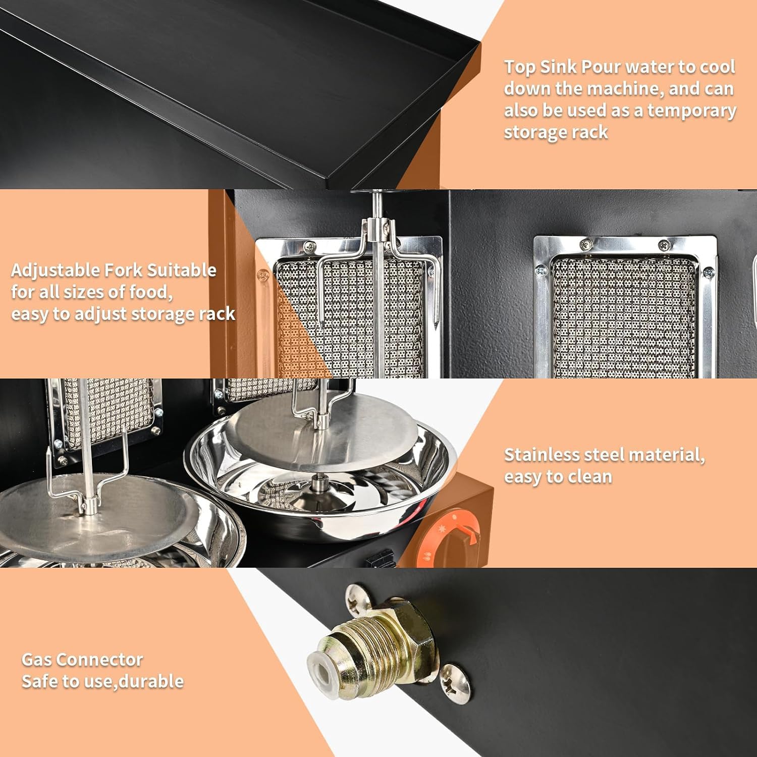 Rôtissoire Verticale Four Gril À Gaz Machine À Griller Rôtissoire À Viande Commerciale, Machine De Cuisson Tournante De Rôtissoire De Cuiseur De Kebab De Comptoir 360 ° Rotatif,Silver-L