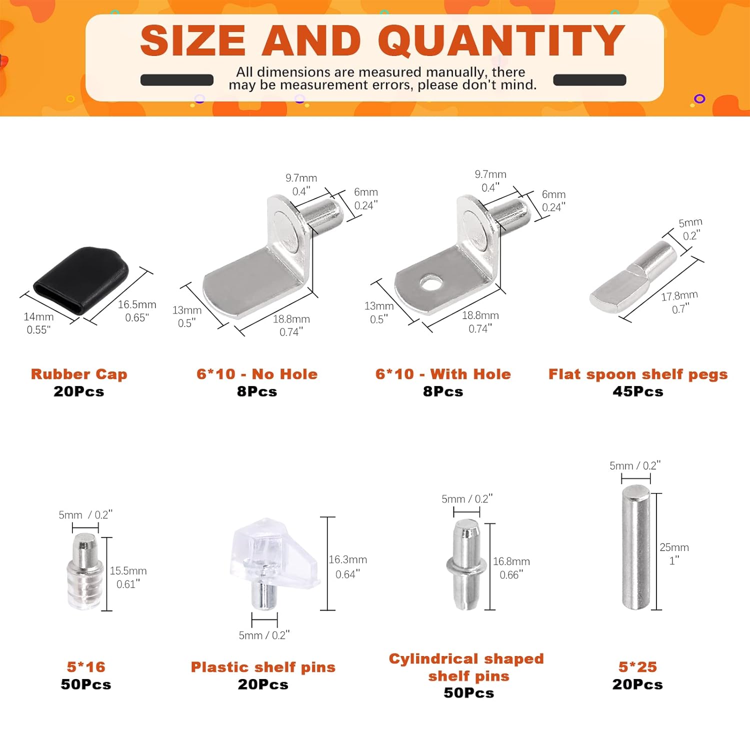 Tanstic 221Pcs 8 Styles Shelf Pins Kit - Shelf Support Pegs for Kitchen Cabinet & Bookshelf Shelves