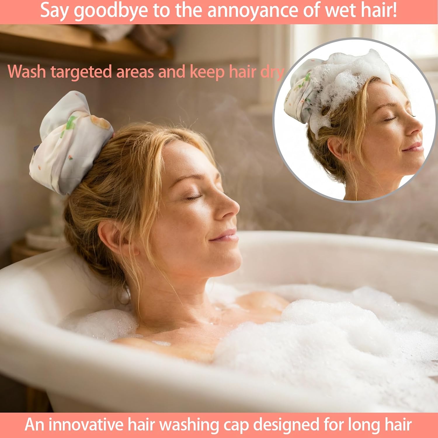 Crown Washing Shower Cap Ponytail, Waterproof Hair Sleeve for Long Hair, Reusable Adjustable Shower Caps for Women Hair Wash Waterproof Ponytail Bathing Hat (3, Beige)