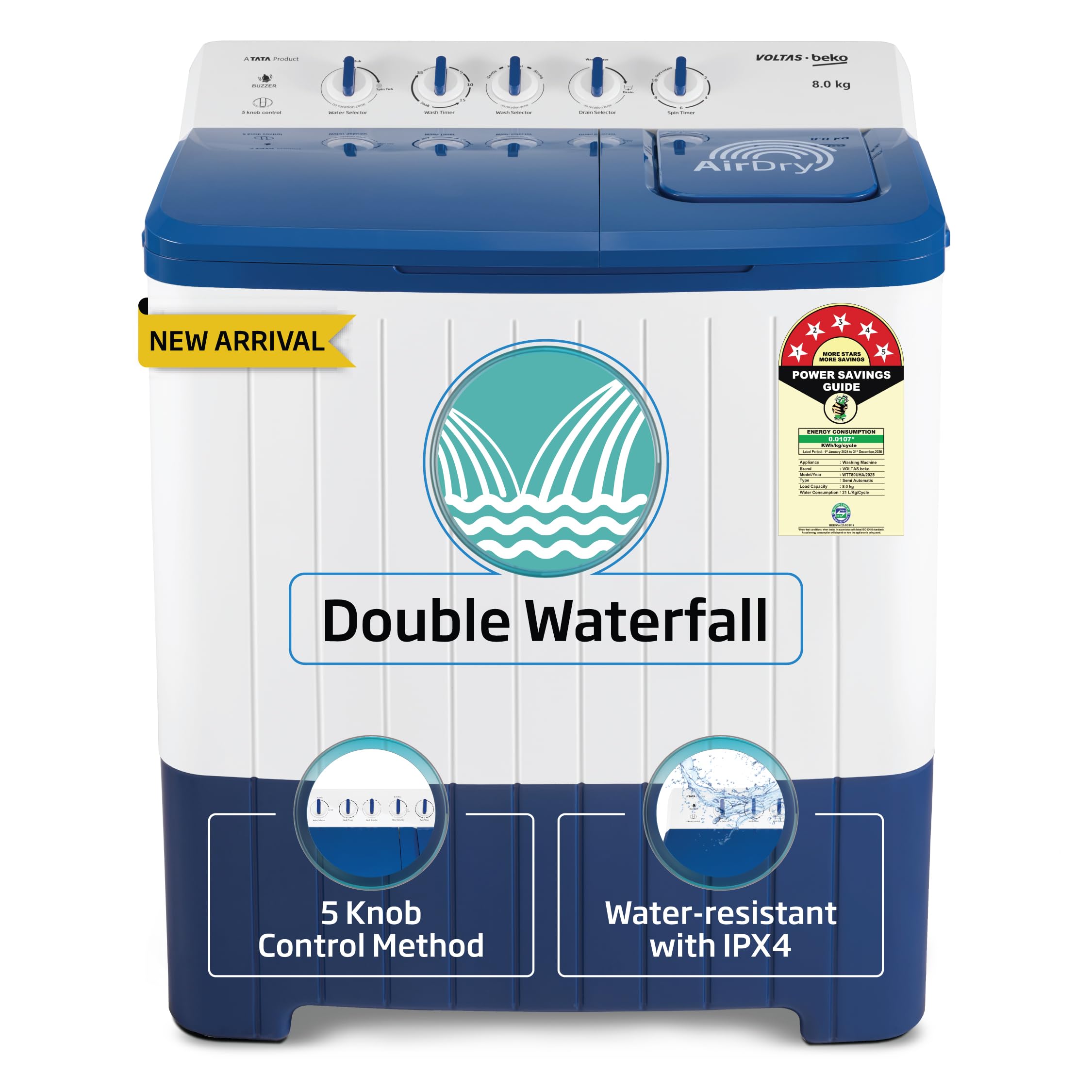 Voltas Beko, A Tata Product 8.5 Kg 5 Star Semi-Automatic Top Loading Washing Machine (WTT85UHA/OK5I0I0W01, Blue, Air Dry & Pulsator wash technology)