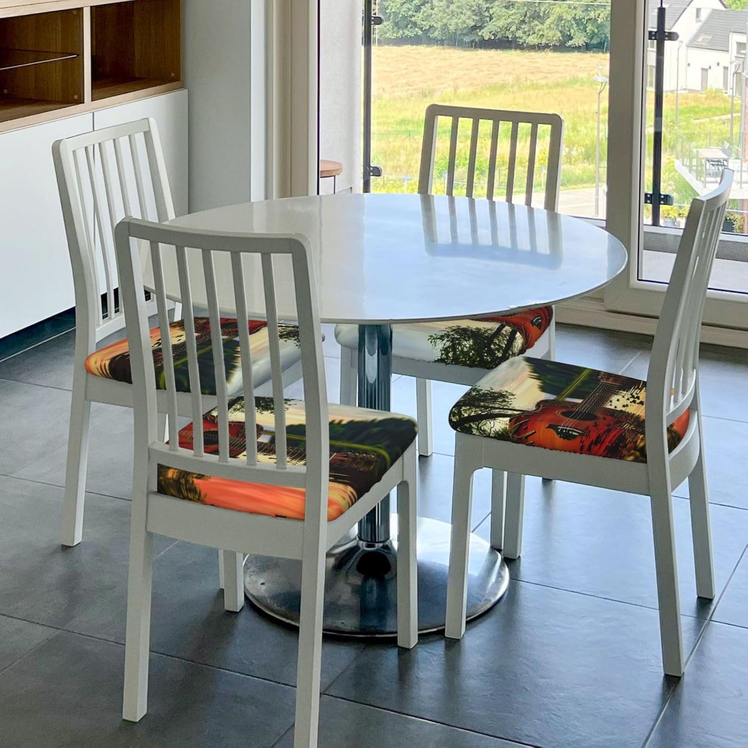 Lake Guitar Reflection Print Square Cushion Covers 6 Pcs Set Elastic Non-Slip Seat Cushion Slipcovers Pet Furniture Protectors for Chair, Sofa