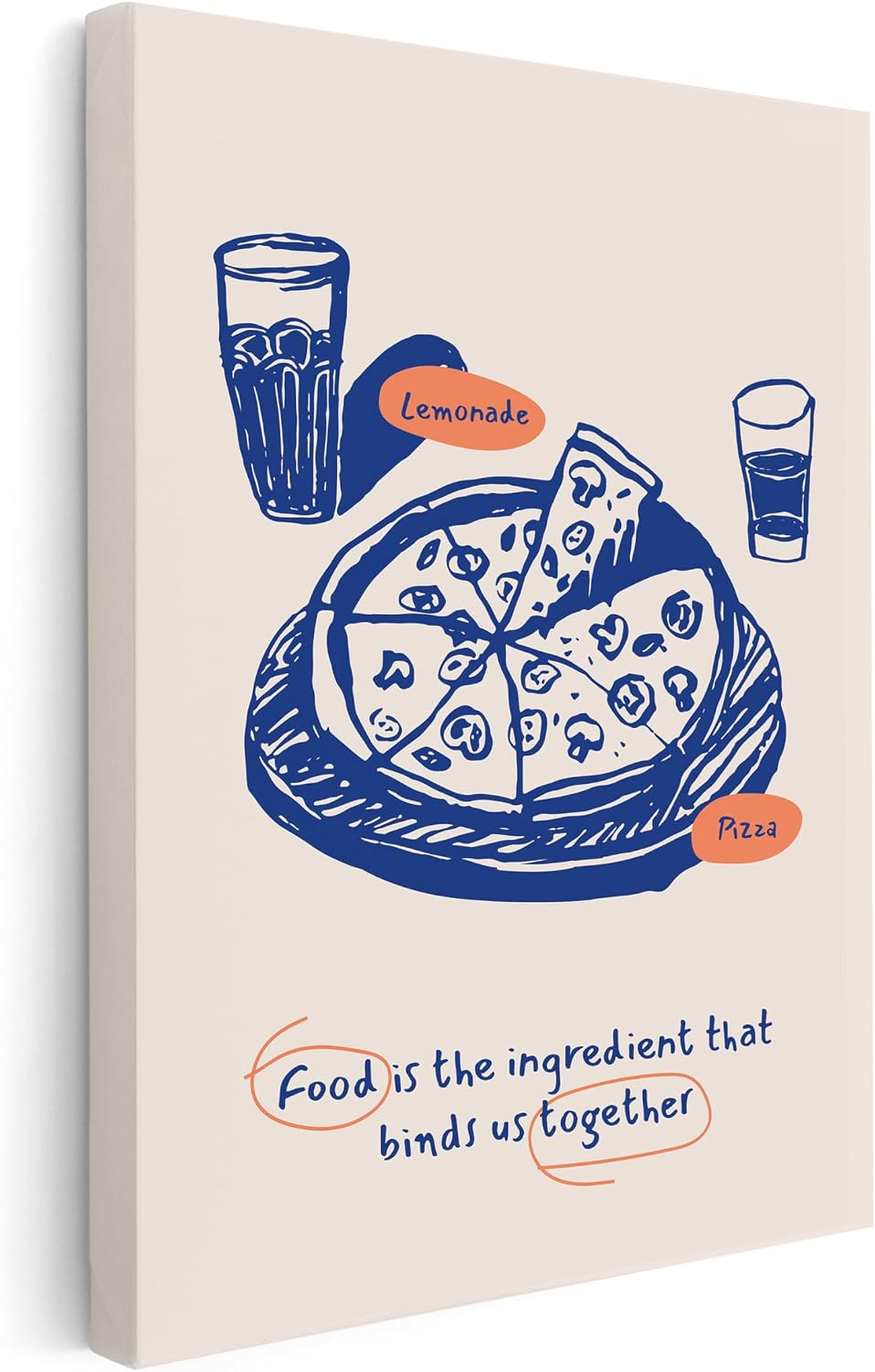 Poster Master Food Binds Us Together Canvas - Retro Pizza Print - Lemonade Art - Food & Drink Design - Chic Boho Sketch Art - Aesthetic Kitchen or Restaurant Wall Decor - 8x10 STRETCHED Canvas