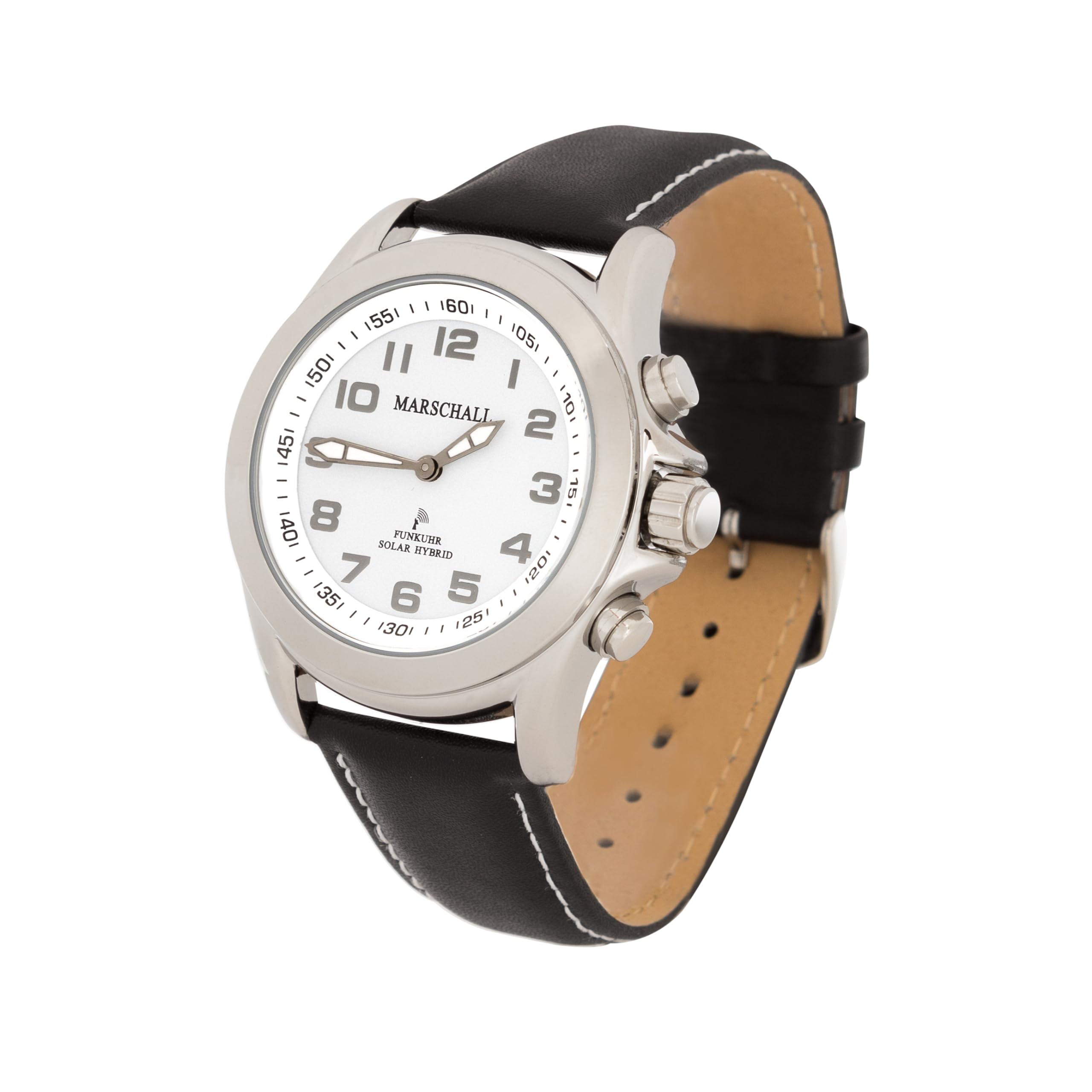 Marschall Deutsch sprechende Herren Funk-Armbanduhr I Mit Solarpanel I 1146wl I Für Blinde, Senioren und Demenzkranke I Datum- und Zeitansage I Schwarzes Lederarmband