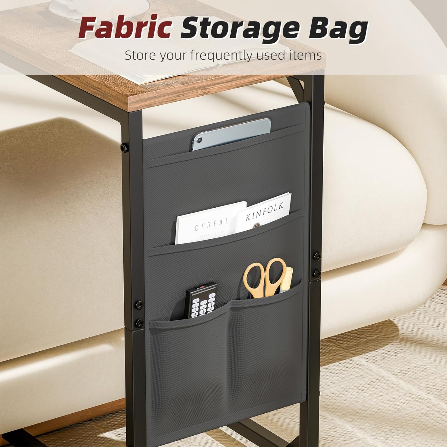 Simple Trending C Shaped End Table, Side Table TV Trays Set of 2 with Fabric Storage Bag, Couch Sofa Table for Living Room, Rustic Brown