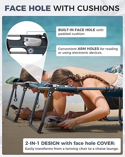 Miniatura 3 de KingCamp Paquete de 2 sillas de bronceado con agujero facial, sillas de descanso plegables para exteriores, portátiles, cómodas, ajustables, de 5